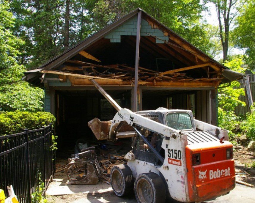 leaning garage before demolition in bucks county pennsylvania